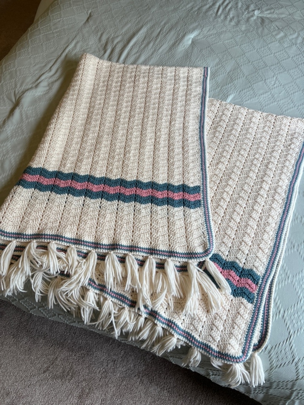 Handmade Creamy White Crochet Throw with Pink and Blue Waves